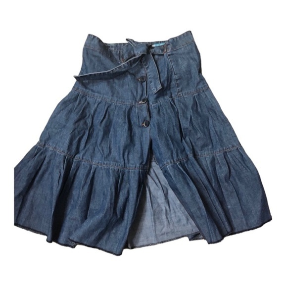Zara denim tiered flare buttoned down belted western prairie style skirt size 2 - Picture 2 of 16